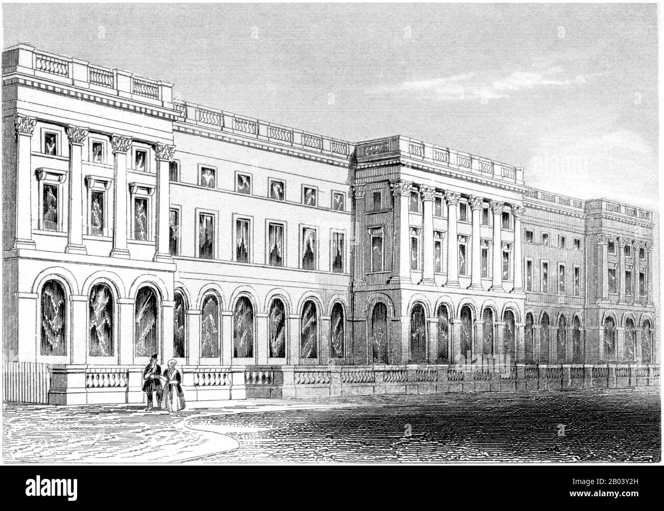 An engraving of the Kings College, Strand, London scanned at high resolution from a book printed in 1851. Believed copyright free. Stock Photo