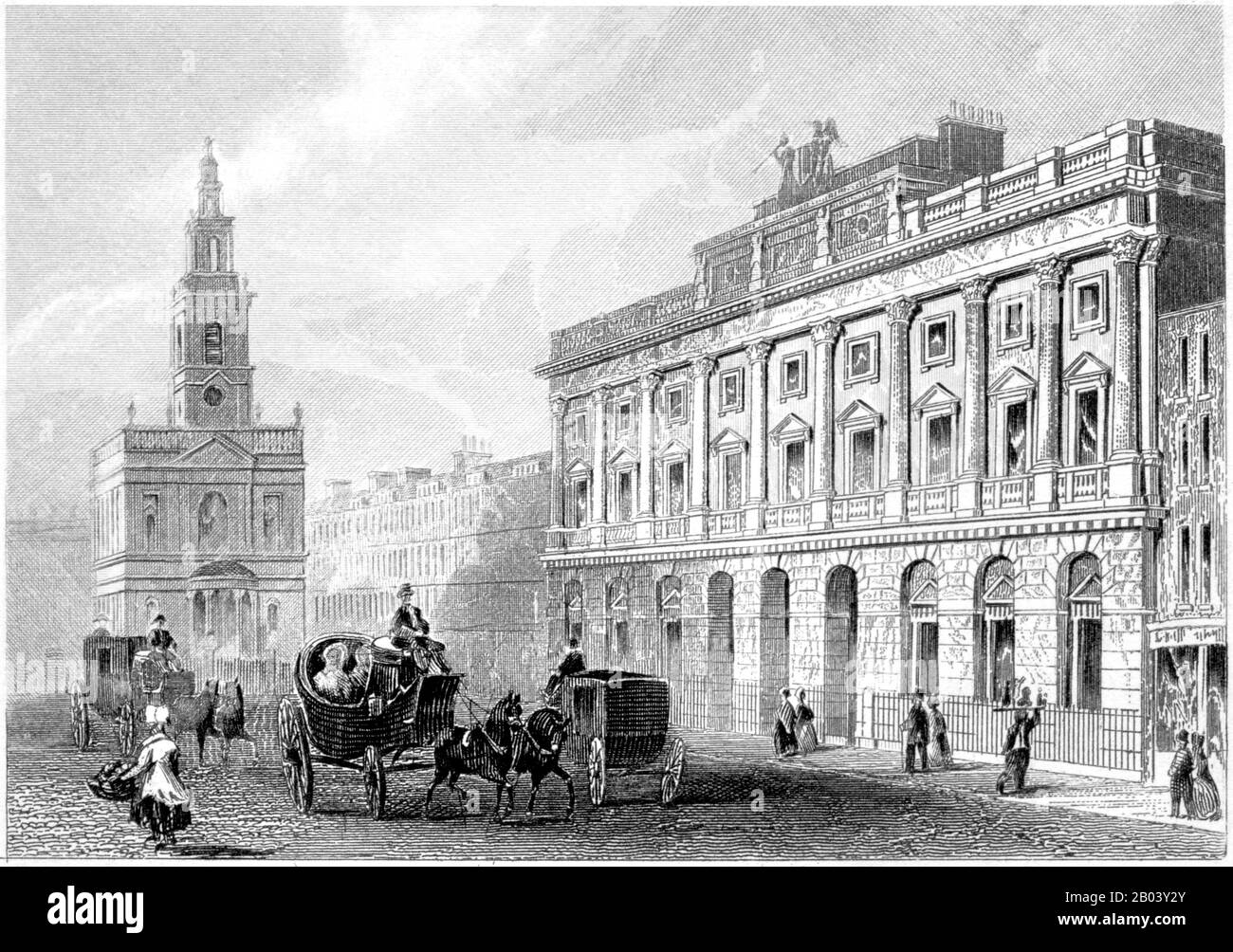 An engraving of the Somerset House, Strand, London scanned at high resolution from a book printed in 1851. Believed copyright free. Stock Photo