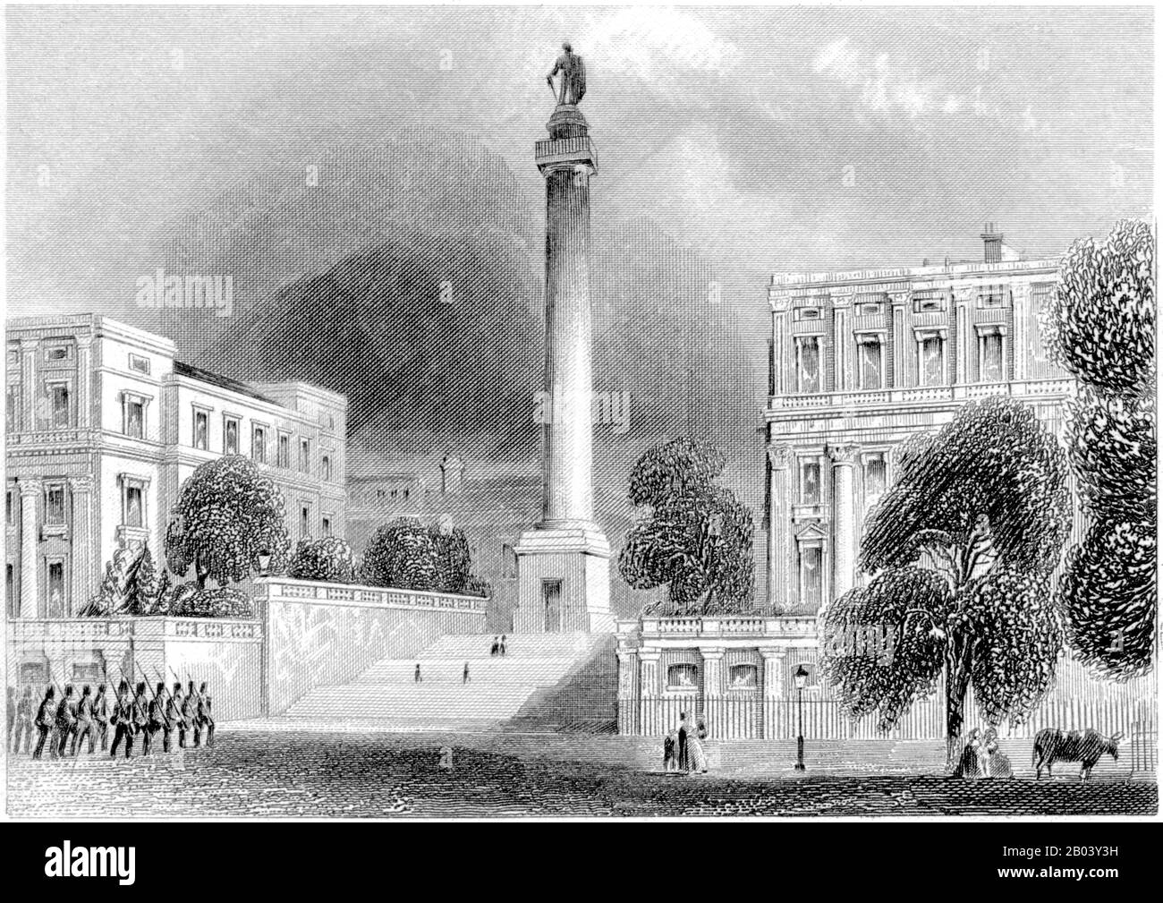 An engraving of the Duke of Yorks Column, London scanned at high resolution from a book printed in 1851.Believed copyright free. Stock Photo