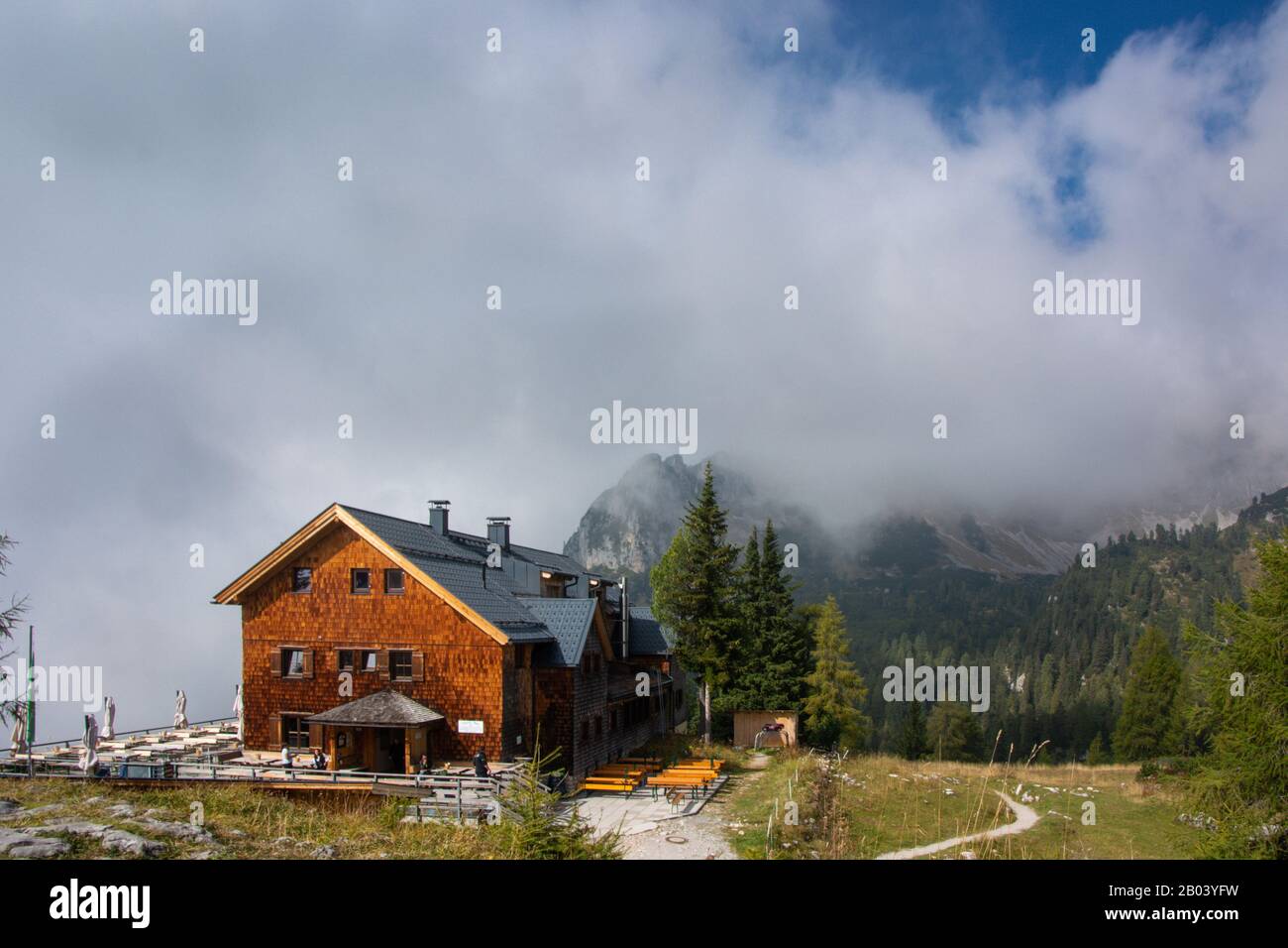Erfurter Hütte , Rofan mountain range near the gondola station Rofan cable car in Tyrol / Austria Stock Photo