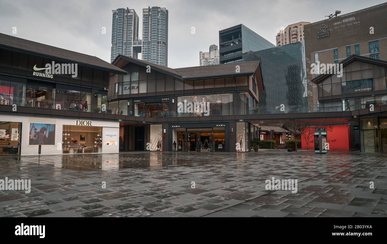 COVID-19 in Wuhan has been spreading into the worldwide. City center shopping area empty of people during the outbreak of corona virus. Stock Photo