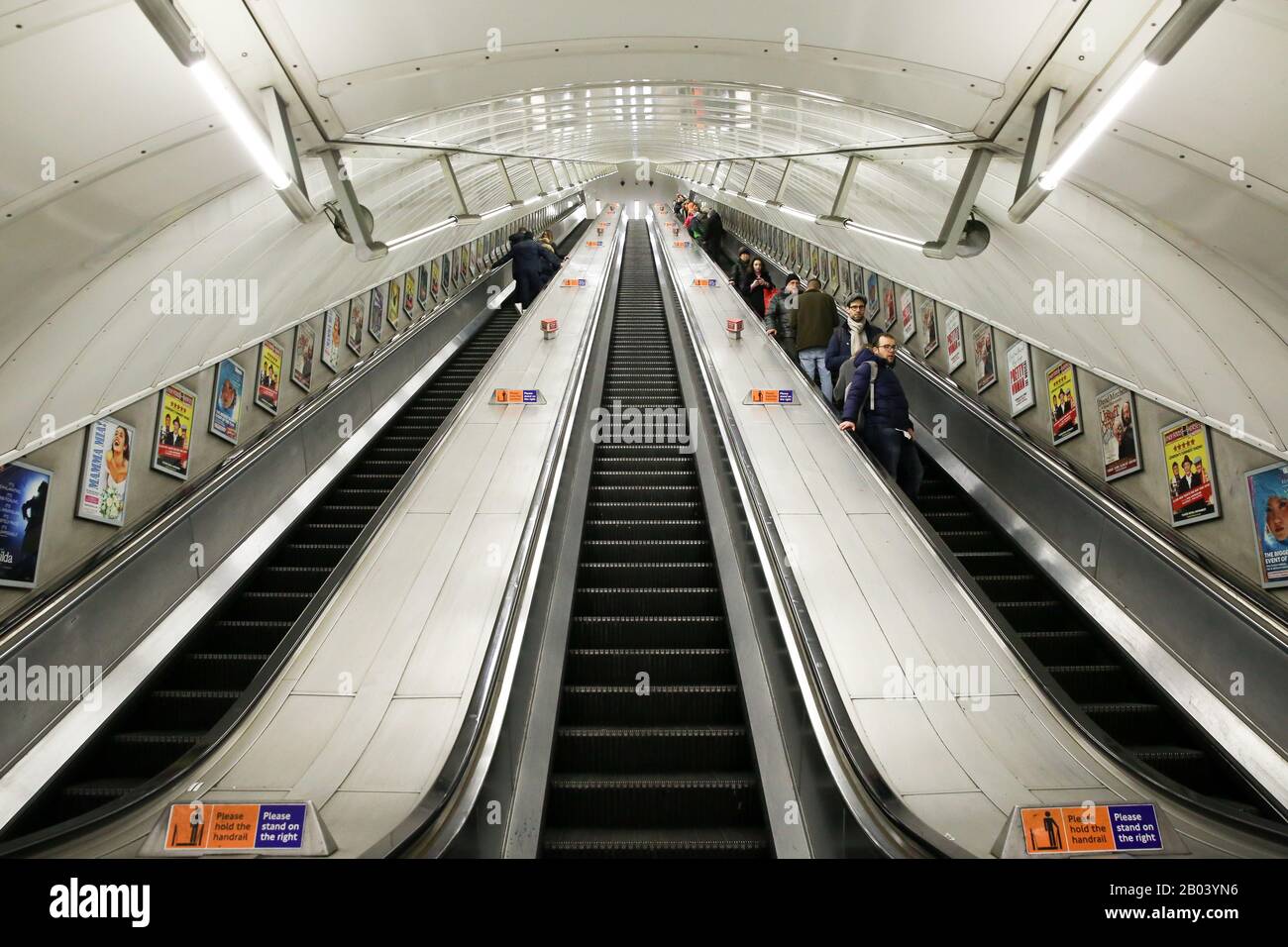The escalator at Leicester Square underground station in central London, UK Stock Photo