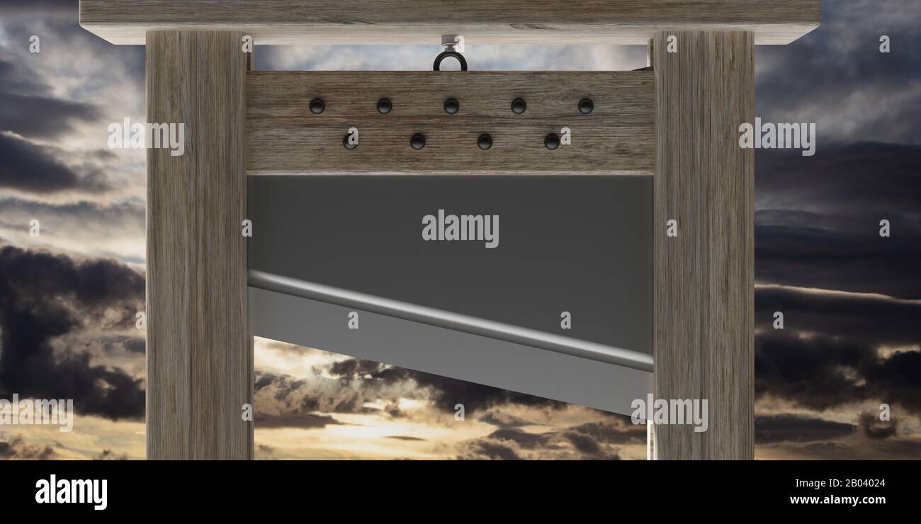 Guillotine blade, behead, decapitation instrument against cloudy sky background. Capital punishment, death penalty execution concept.  Closeup view, d Stock Photo