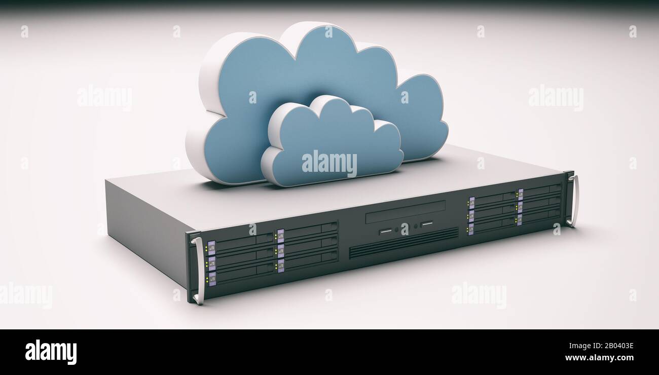 Computer server unit and storage cloud isolated against white background. Cloud computing storage, data center concept. 3d illustration Stock Photo
