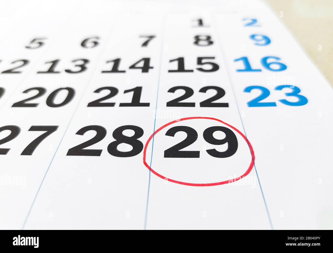 calendar of february in leap year with 29 number in red circle Stock