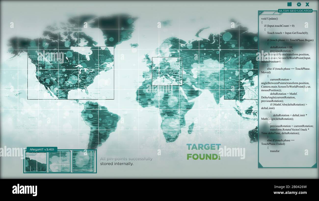 Displaying world map infographic - Animation Of A World Map With Hackers Targeting Points On It The Interface Or Hud Is Displaying Target Found At The End 2B0426W