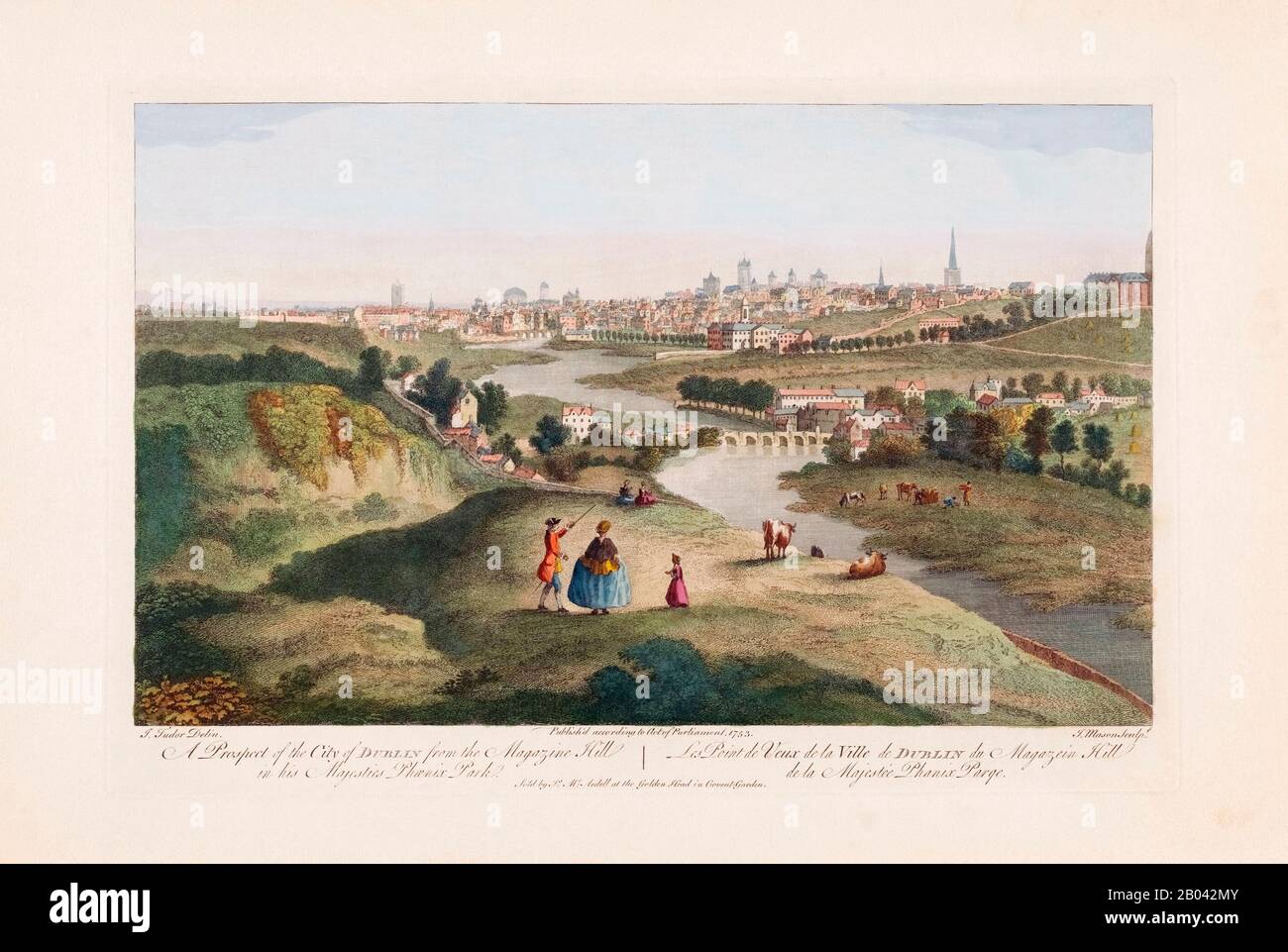 A prospect of the city of Dublin from the Magazine Hill in His Majesties Phoenix Park.  After an 18th century work by James Mason.  Later colourization. Stock Photo