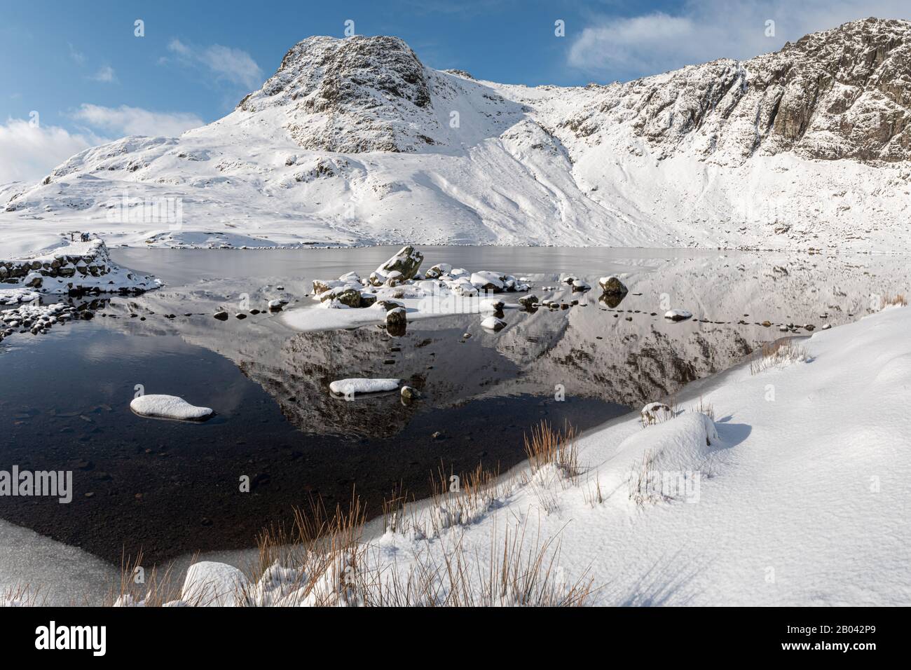 Harrison Stickle covered in snow and reflected in Stickle Tarn Stock Photo