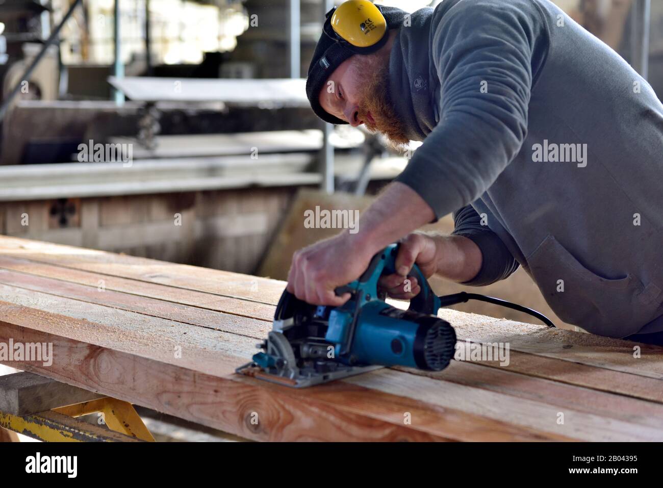 Carpenter cutting timber beams with hand circular saw on construction site Stock Photo