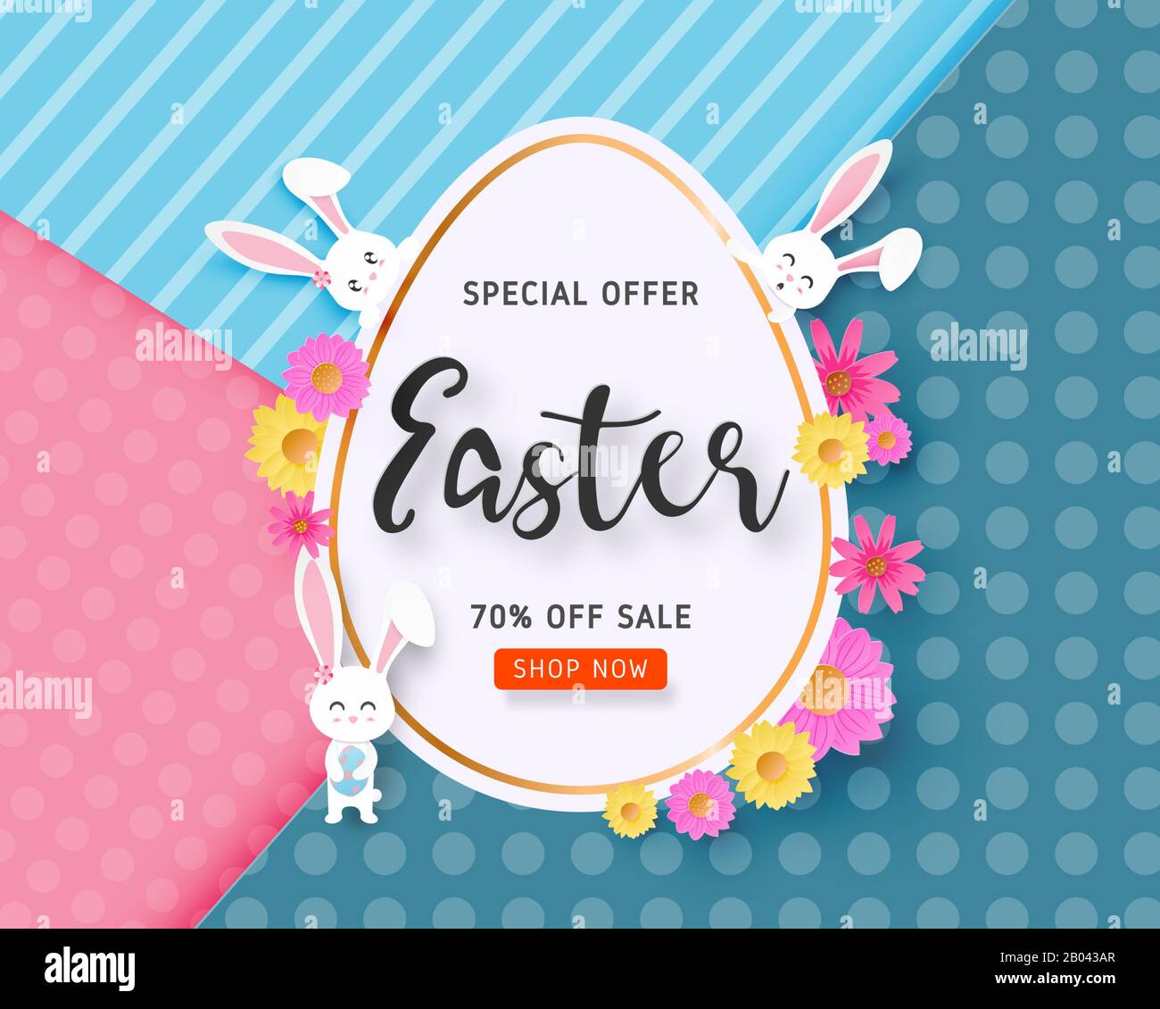 Happy Easter sale banner with Easter egg, bunny and flower on