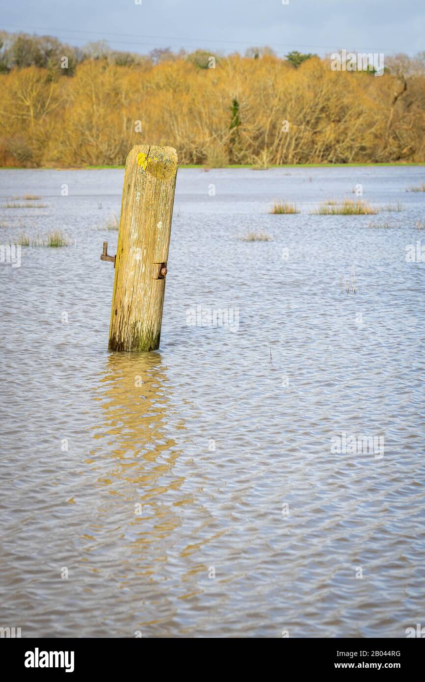 Gate post surrounded by flood water Stock Photo
