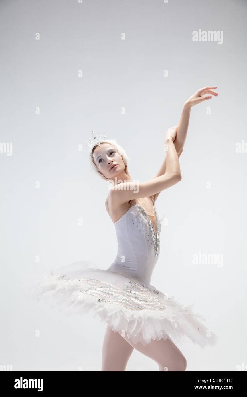 Graceful classic ballerina dancing isolated on white studio background.  Woman in tender clothes like a white swan characters. The grace, artist,  movement, action and motion concept. Looks weightless Stock Photo - Alamy