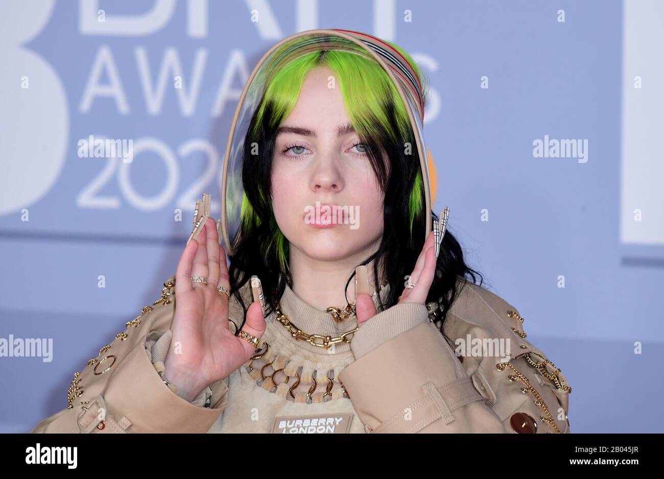 Billie Eilish arriving at the Brit Awards 2020 held at the O2 Arena, London. Stock Photo