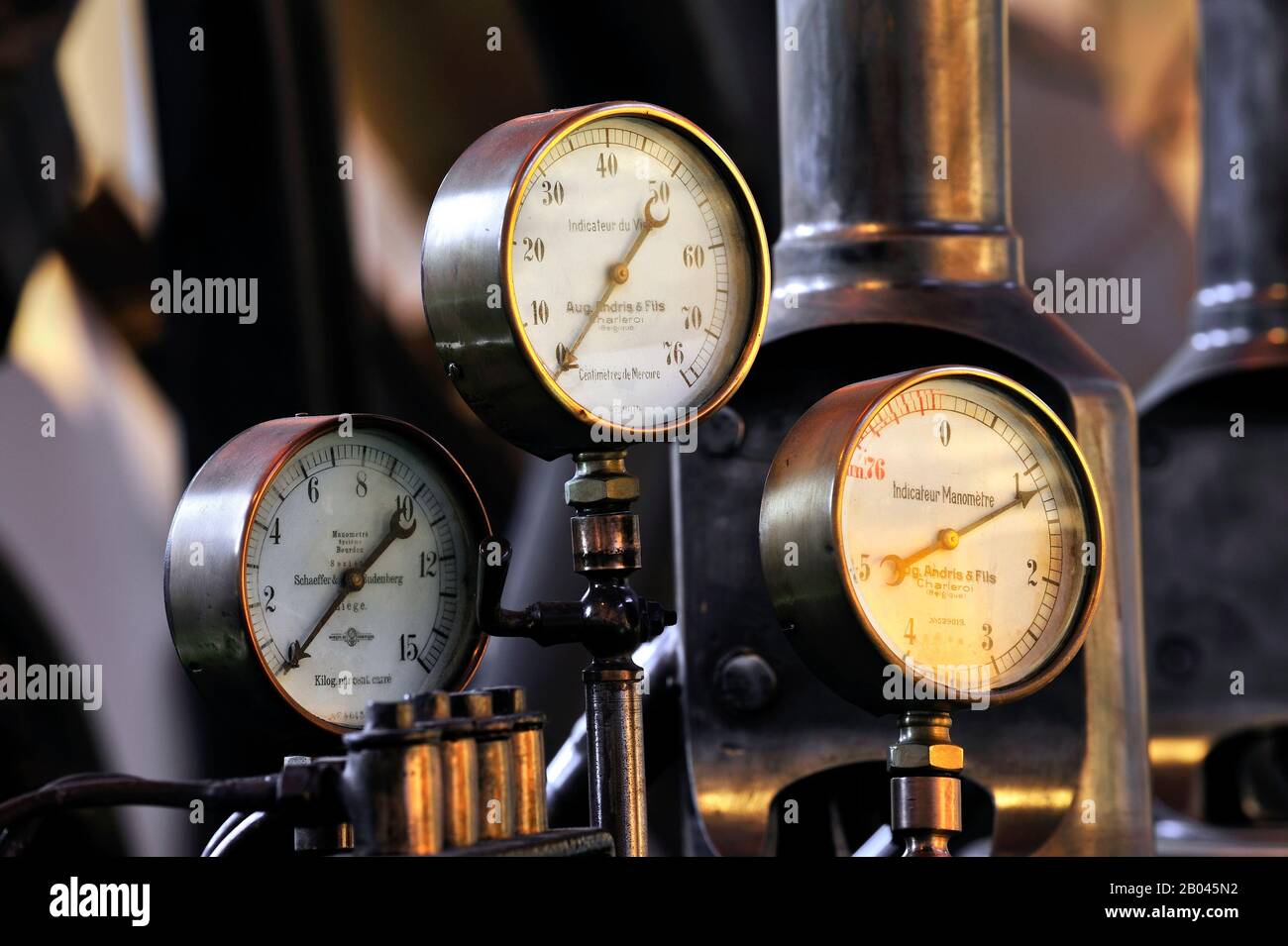 Three vintage pressure gauges / manometers from old steam engine Stock