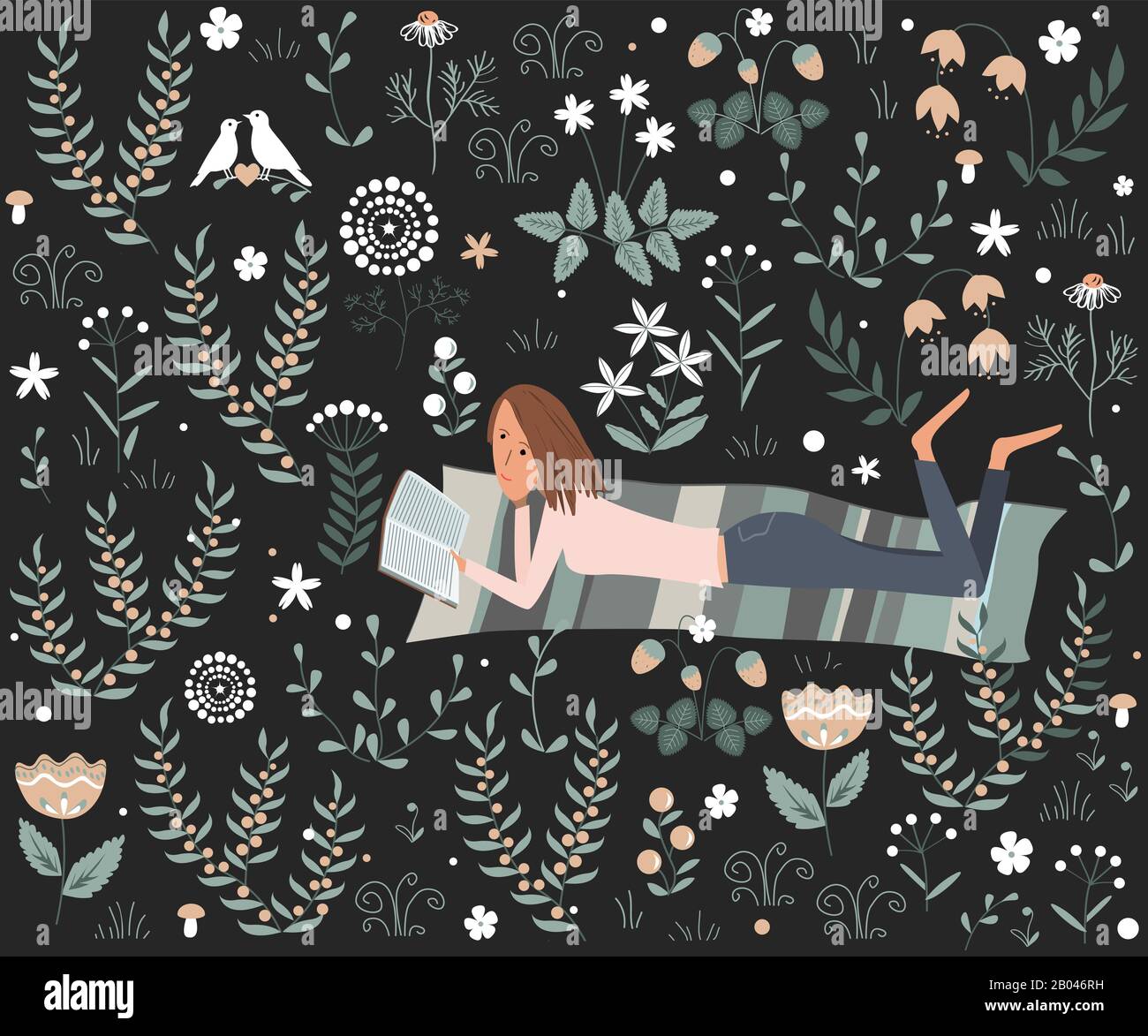 Girl reading a book lying on the mat at the meadow. Doodle vector ...