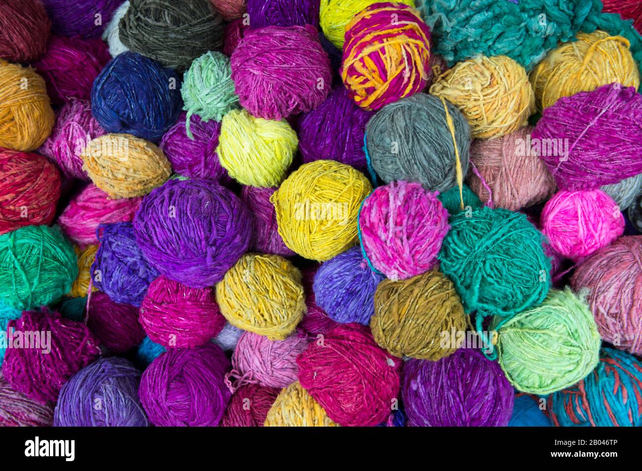 Street scene with colorful wool in Angelmo, Puerto Montt in southern Chile. Stock Photo