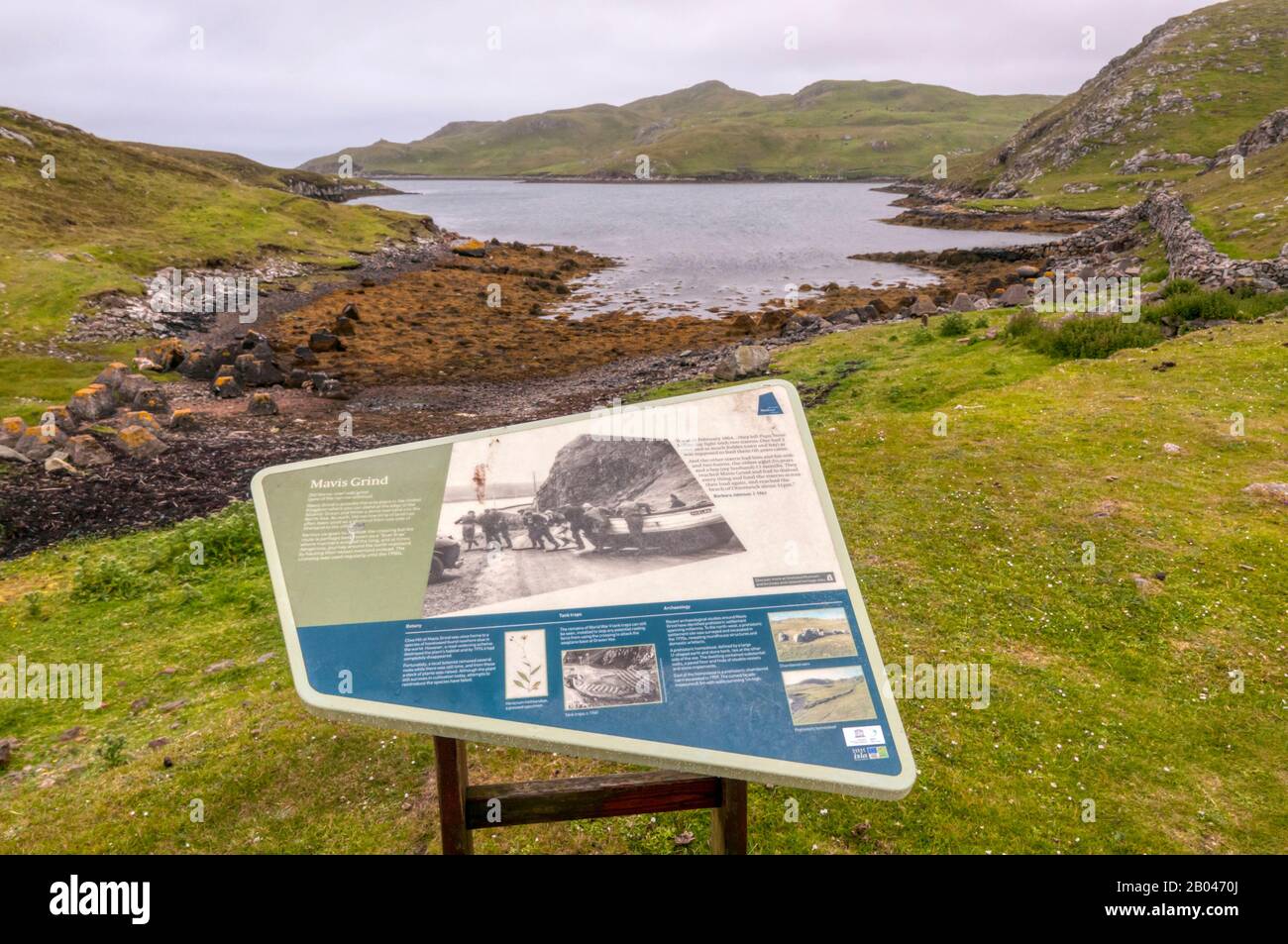 An interpretive sign at Mavis Grind in Shetland. Stock Photo