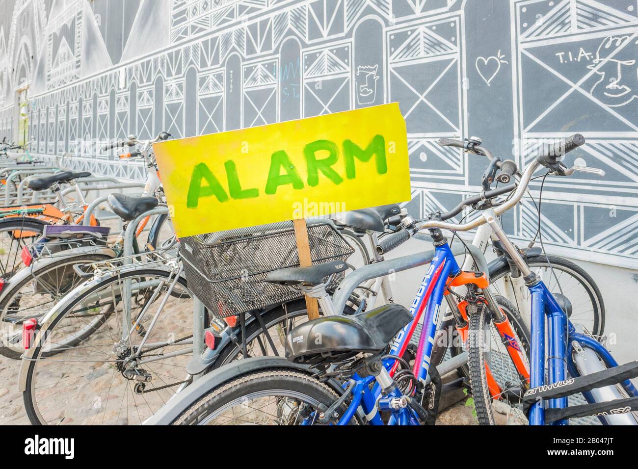 'alarm', signboard with wooden handle, holzmarkt area Stock Photo