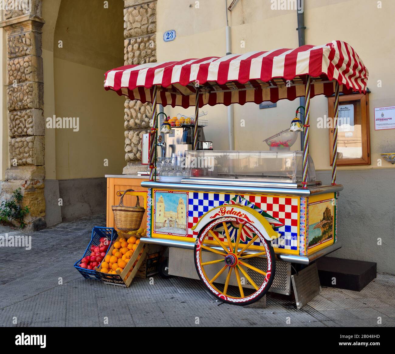 typical Sicilian cart that sells ice cream  September 28, 2019 Cefalu Italy Stock Photo