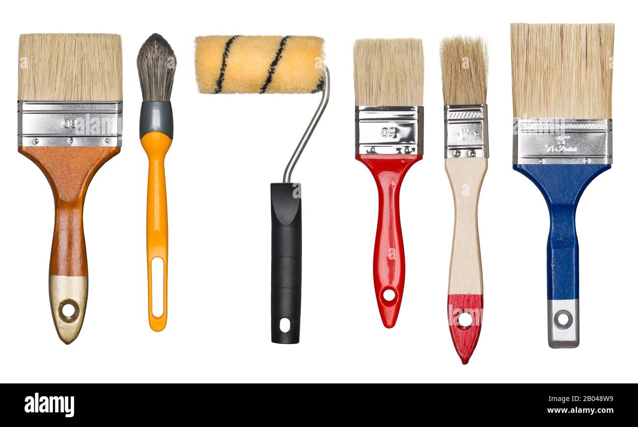 Painting tools. Paint brushes and roller. Stock Photo