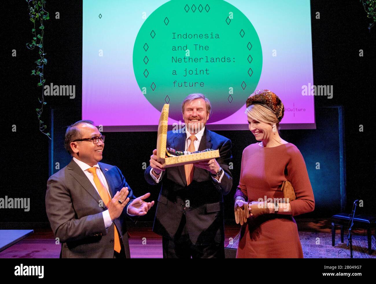 King Willem-Alexander and Queen Maxima of The Netherlands at the Brakke Grond in Amsterdam, on February 18, 2020, to attend the seminar Indonesia and the Netherlands: a joint future, organized by DutchCulture. They attending the seminar in the run-up to the state visit to the Republic of Indonesia in MarchPhoto: Albert Nieboer/ Netherlands OUT/Point de Vue OUT | Stock Photo
