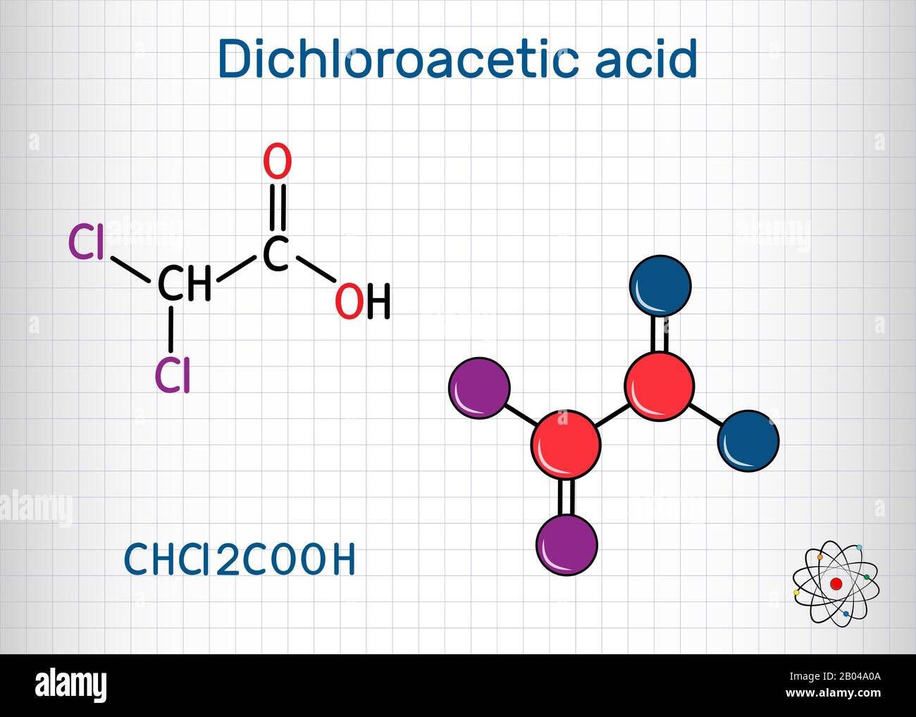 Dichloroacetic acid DCA, bichloroacetic acid BCA, C2H2Cl2O2 molecule. Structural chemical formula and molecule model. Sheet of paper in a cage. Vector Stock Vector