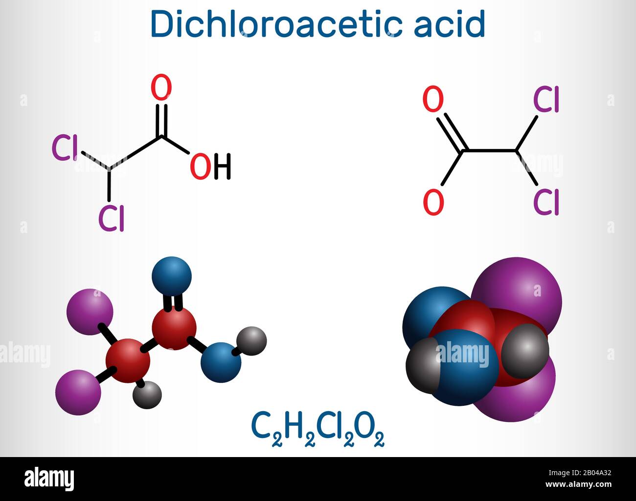 Dichloroacetic acid DCA, bichloroacetic acid BCA, C2H2Cl2O2 molecule. Structural chemical formula and molecule model. Vector illustration Stock Vector