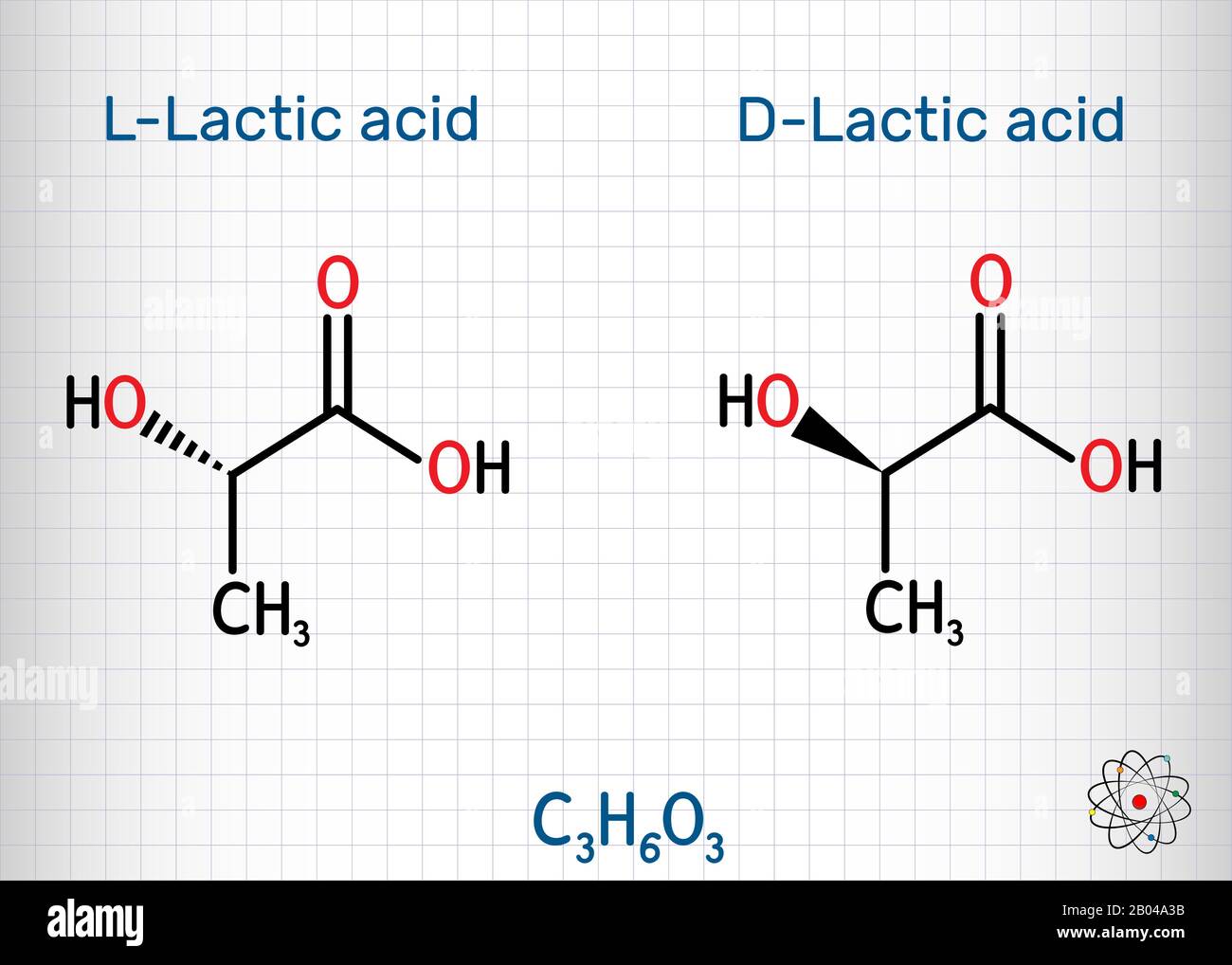 L-Lactic acid and D-Lactic acid, lactate, milk sugar, C3H6O3 molecule. It is chiral, consisting of two enantiomers.  Structural chemical formula. Shee Stock Vector