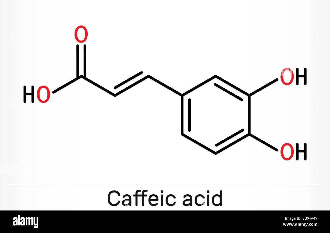 Caffeic acid, C9H8O4 molecule. It is hydroxycinnamic acid with antioxidant, anti-inflammatory, antineoplastic activities, is a key intermediate in the Stock Photo