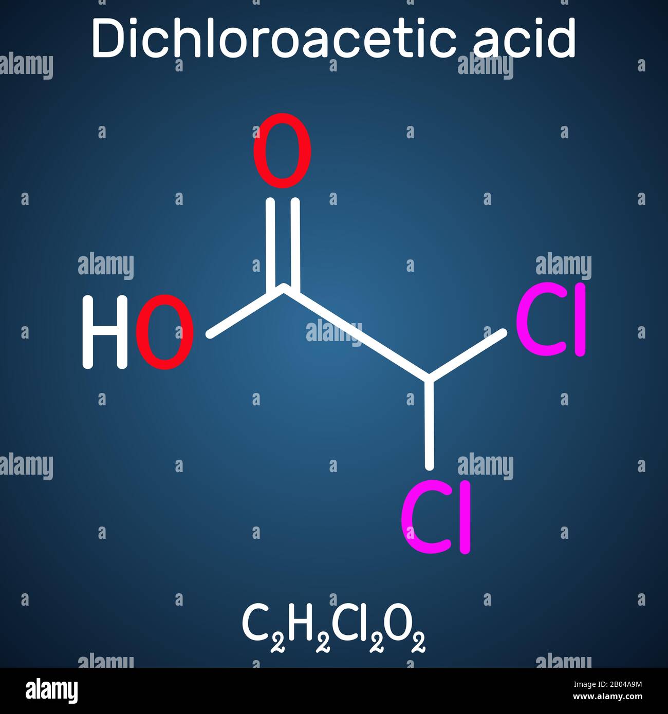 Dichloroacetic acid DCA, bichloroacetic acid BCA, C2H2Cl2O2 molecule. Structural chemical formula on the dark blue background. Vector illustration Stock Vector