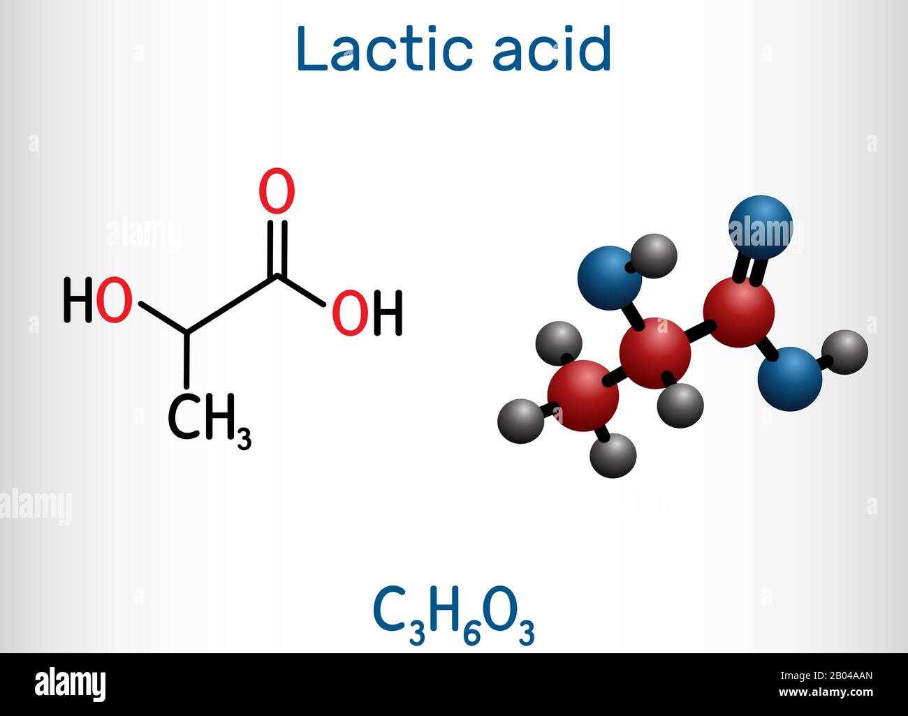 Lactic acid, lactate, milk sugar, C3H6O3 molecule. It is food additive E270 and alpha-hydroxy acid AHA.  Structural chemical formula and molecule mode Stock Vector