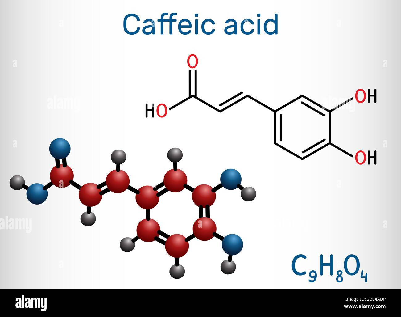 Caffeic acid, C9H8O4 molecule. It is hydroxycinnamic acid with antioxidant, anti-inflammatory, antineoplastic activities, is a key intermediate in bio Stock Vector