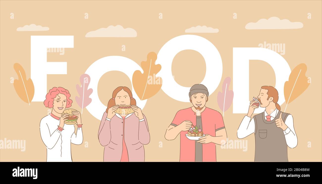 Food word concept banner template. People eating cake and cupcake, hot dog and hamburger cartoon outline illustration. Women and men enjoying eating fast food vector poster design concept. Stock Vector