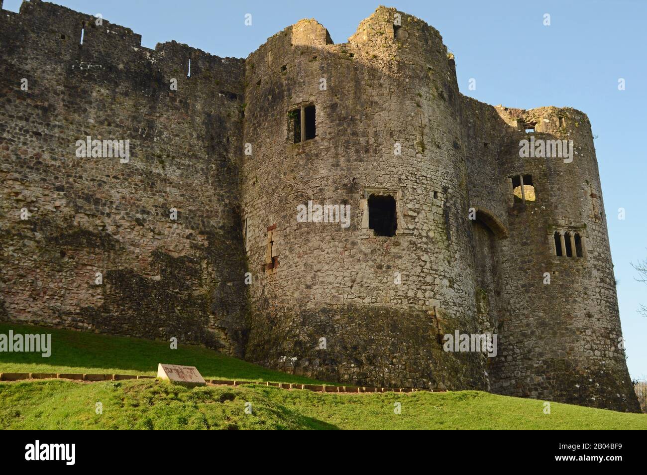The main gatehouse entrance (between the two towers) to Chepstow Castle in Monmouthshire, South Wales, United Kingdom. Stock Photo