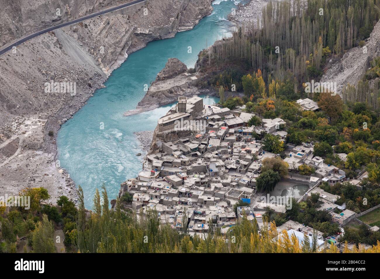 Altit fort panorama hunza river gilgit baltistan , Pakistan Northern areas Stock Photo