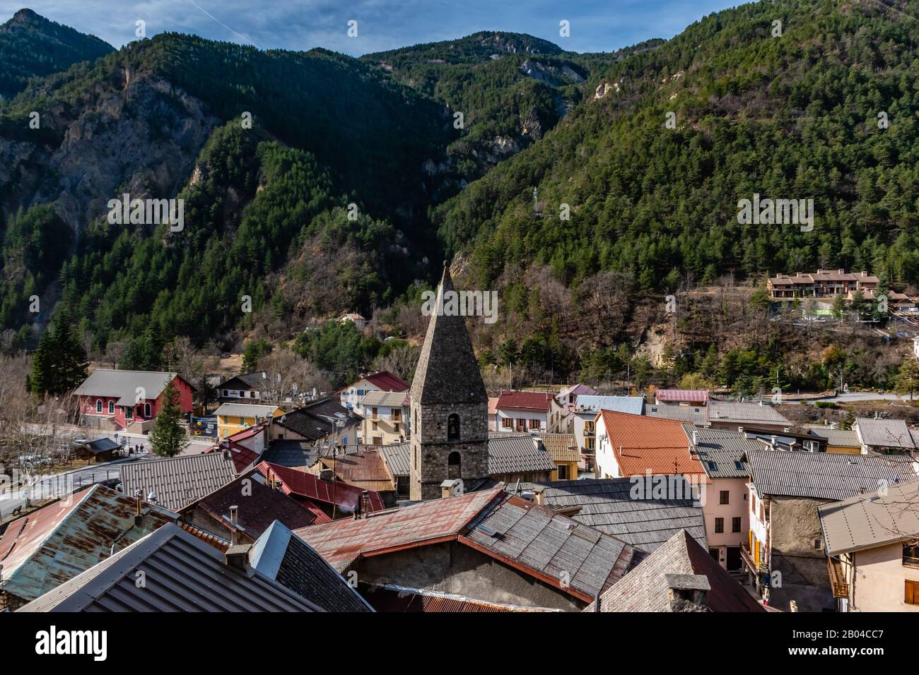 Guillaumes, France - February 16, 2020: The view of a small French town/village Guillaumes located in the Alps mountains on a sunny day Stock Photo