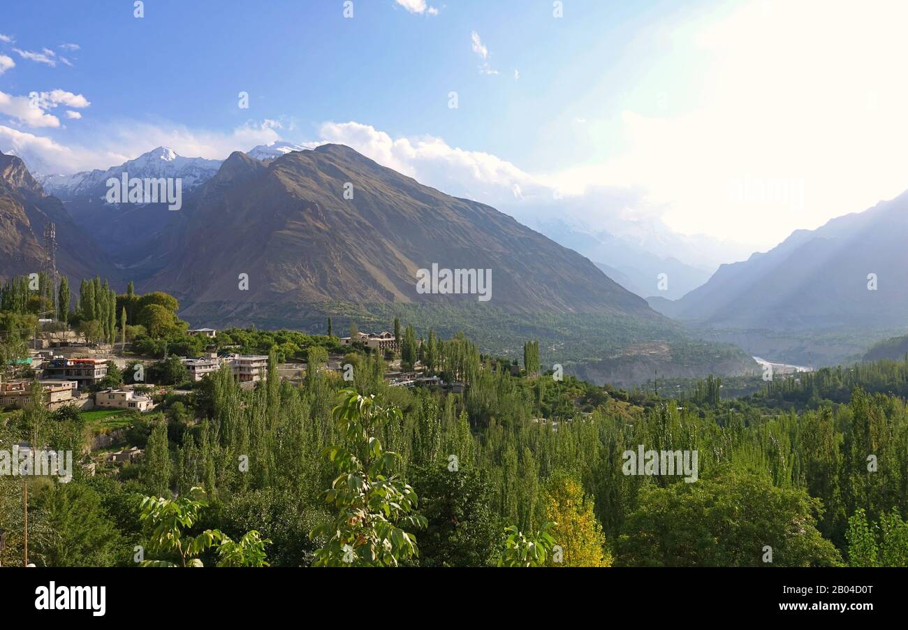 Autumn in Hunza valley with a view of  villages surround by mountains and forest trees. Karimabad, Gilgit Baltistan, Pakistan. Stock Photo