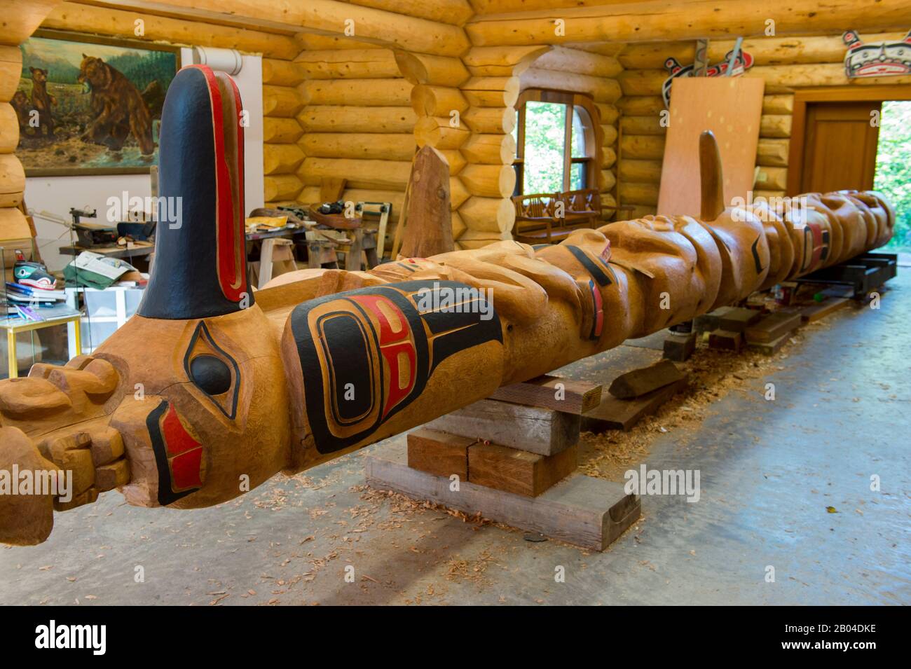 Unfinished totem pole in the carving center at Potlatch Park in