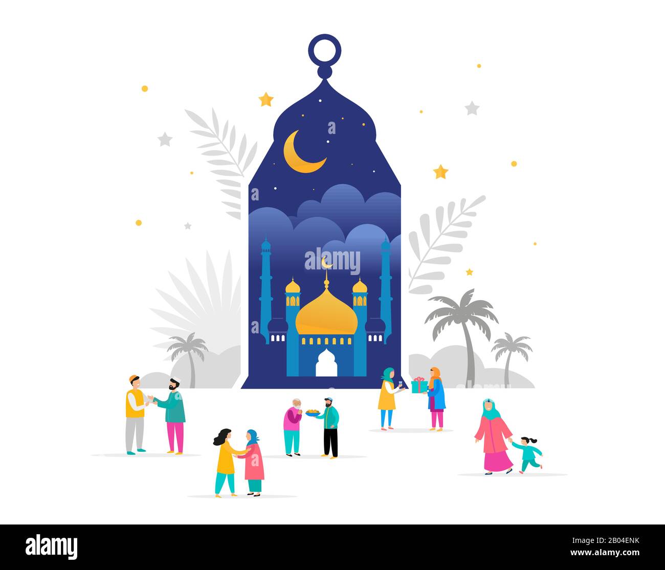 Ramadan Kareem, Eid mubarak, greeting card and banner with many people, giving gifts, food. Men, women and children walking on the street. Islamic Stock Vector