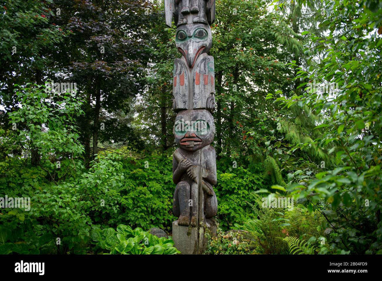 Tlingit totem poles in park in Wrangell city on Wrangell Island ...