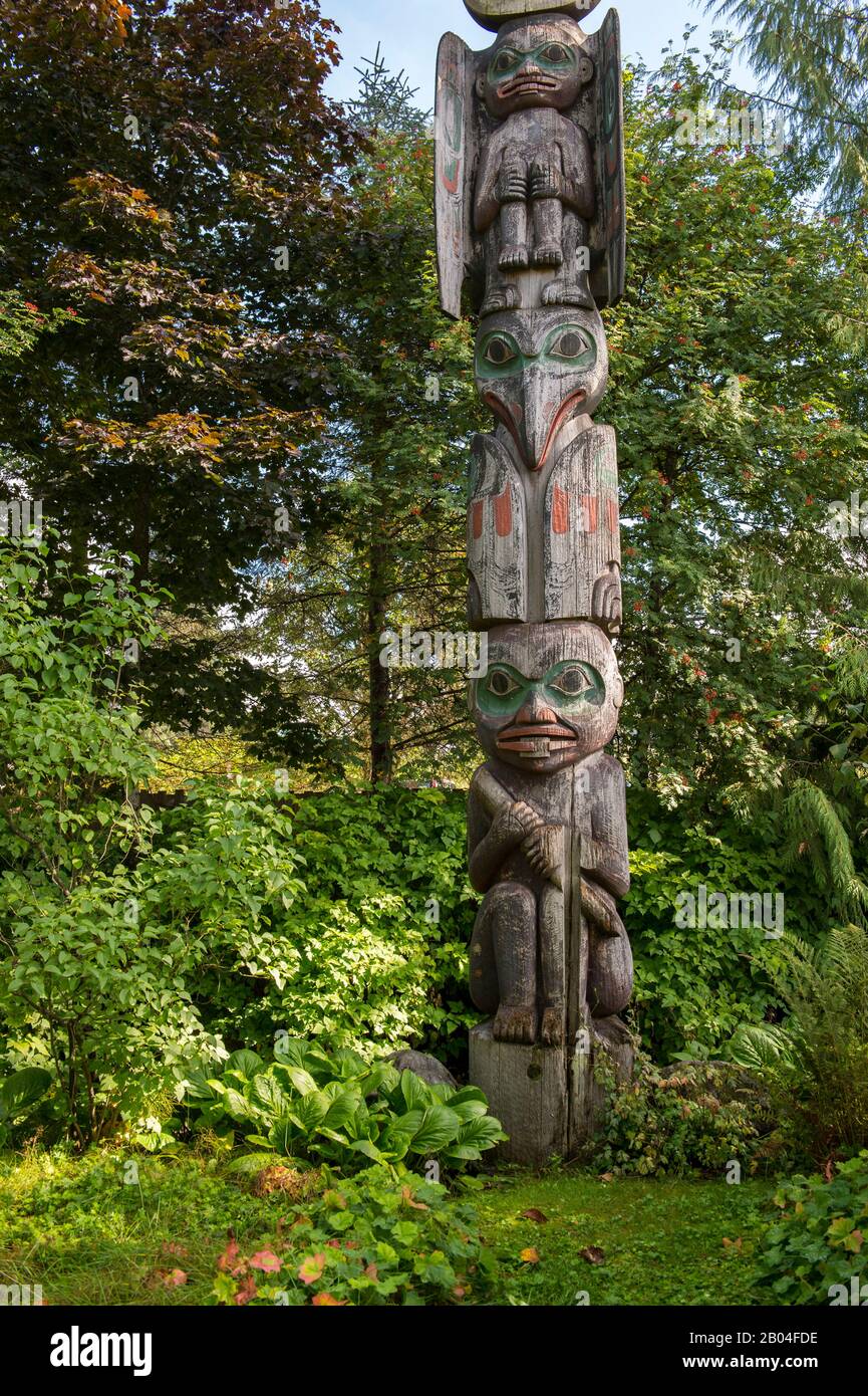 Tlingit totem poles in park in Wrangell city on Wrangell Island ...