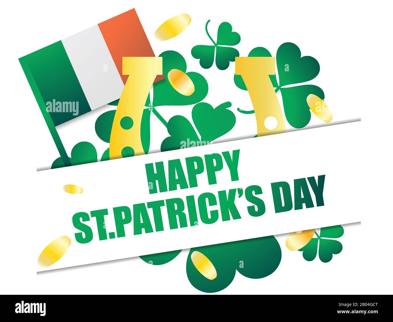 Happy St. Patrick's Day. Festive banner with clover and gold coins and the flag of Ireland. Horseshoe for good luck. Vector illustration Stock Vector