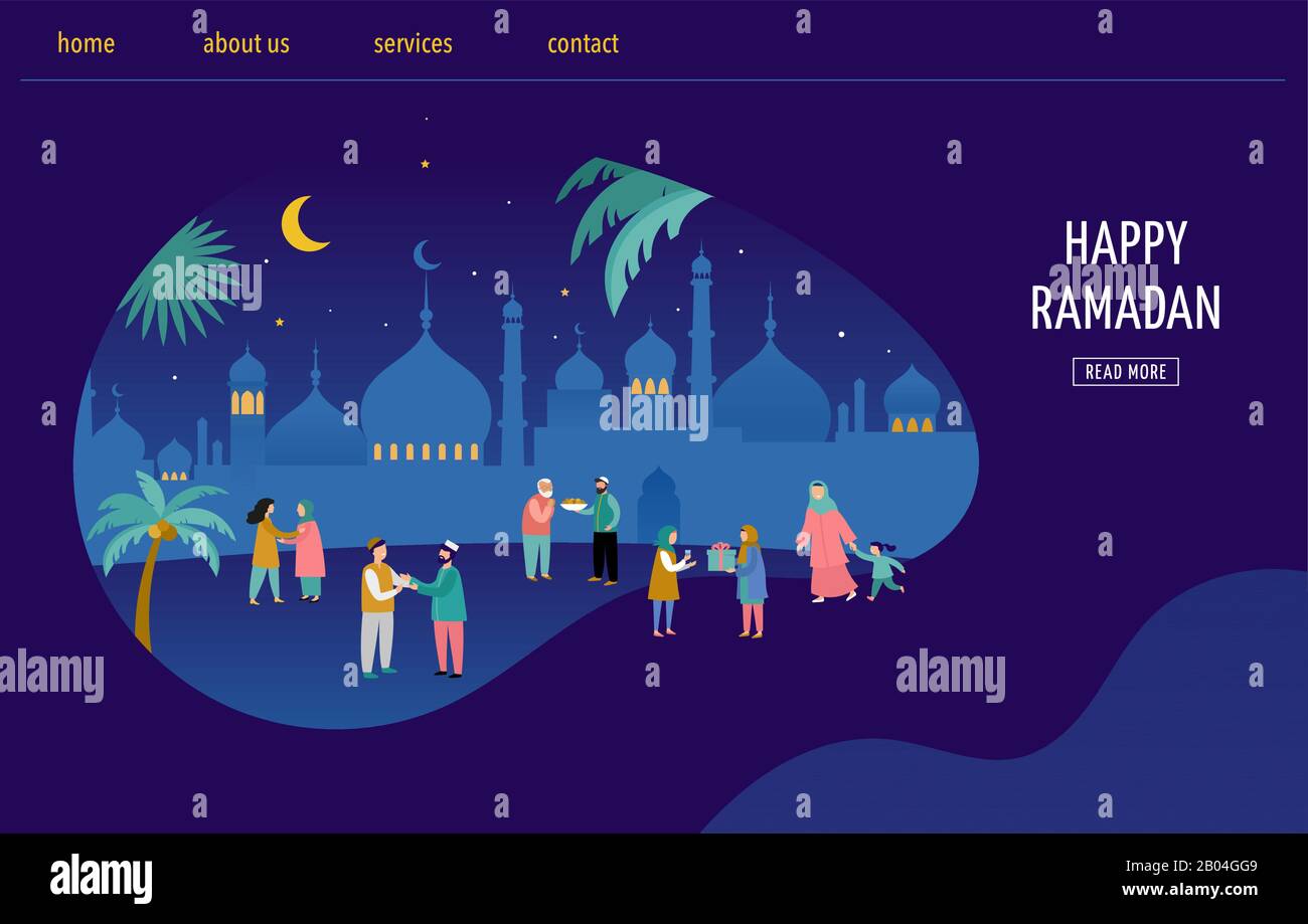 Ramadan Kareem, Eid mubarak, greeting card and banner with many people