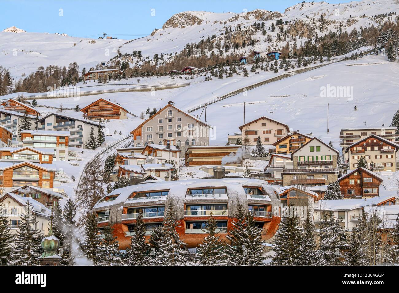 Chesa Futura, built by the famous British architect Lord Norman Foster, St.Moritz, Switzerland Stock Photo
