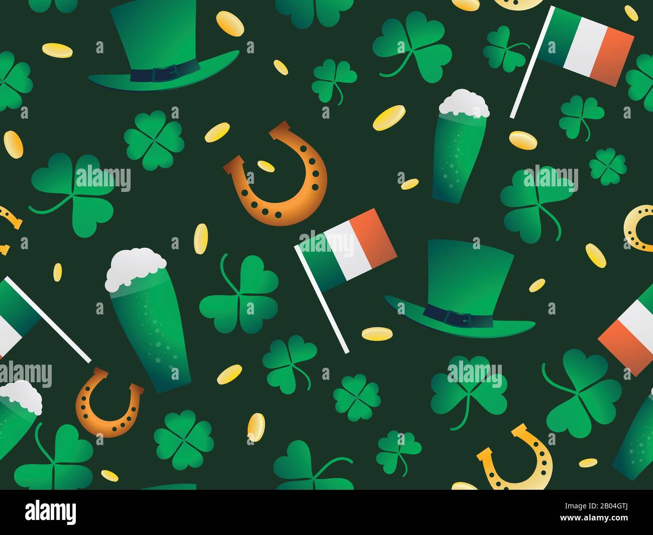 Seamless pattern for St. Patrick's Day. Clover leaves and gold coins. Leprechaun hat, a glass of beer and a horseshoe are a symbol of good luck. Vecto Stock Vector