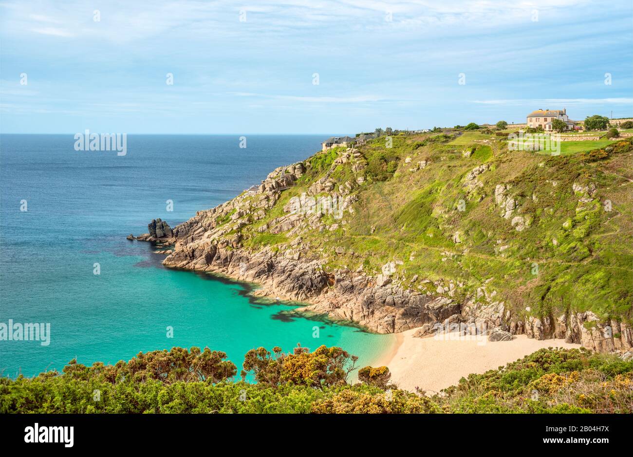 View Over Porthcurno Beach At Minack Open Air Theatre Cornwall England Uk 2B04H7X 