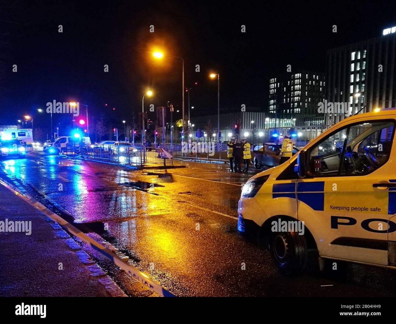 Glasgow, UK. 18th Feb, 2020. Police and ambulance services attending a road accident on Ballater street near Glasgow Health Club in Glasgow. Access from Crown street closed. Credit: Alamy News/Pawel Pietraszewski Credit: Pawel Pietraszewski/Alamy Live News Stock Photo