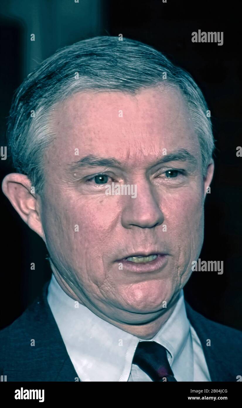 Washington, DC. USA, March 29th, 1998 USASenator Jeff Sessions Republican of Alabama talks with reporters outside the CBS studios in Washington DC after his appearance on the Sunday Morning Talk 'Face The Nation' Credit: Mark Reinstein/MediaPunch Stock Photo