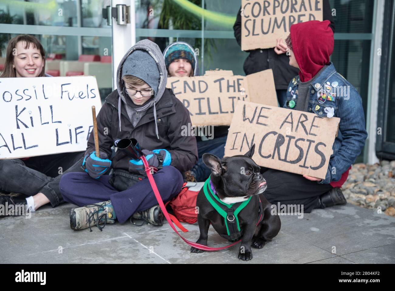 Extinction Rebellion  on 18th February 2020  Protesting at the Schlumberger Building, Cambridge,UK Stock Photo