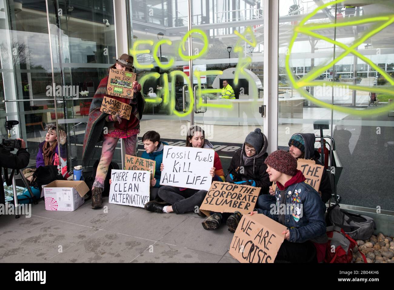 Extinction Rebellion  on 18th February 2020  Protesting at the Schlumberger Building, Cambridge,UK. Graffiti, ecocide Stock Photo